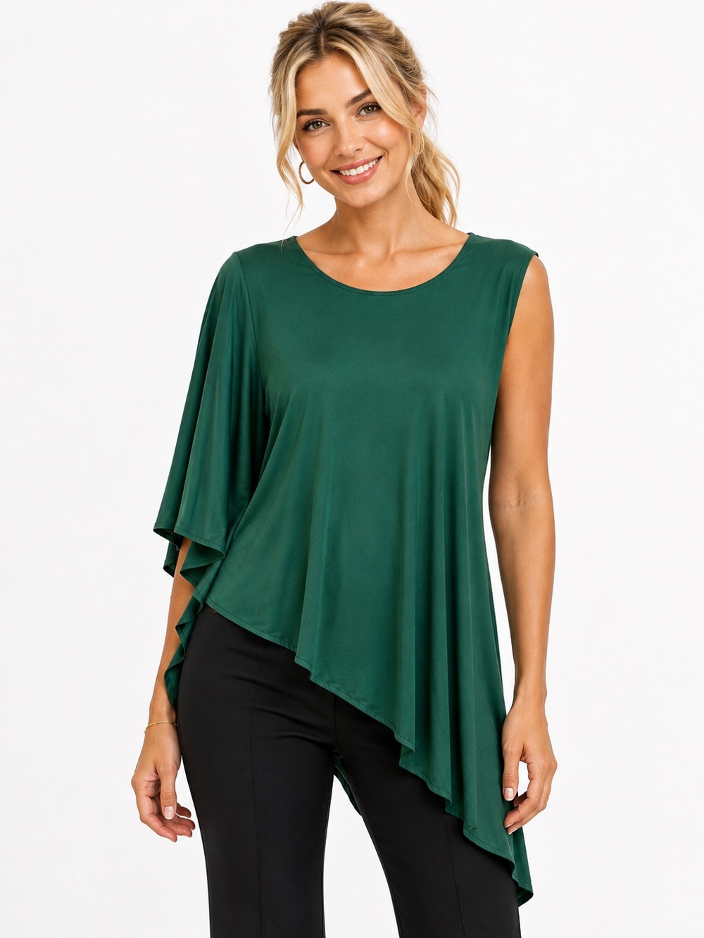 White House Black Market Teal Dark green Asymmetric One-Sleeve Blouse top L